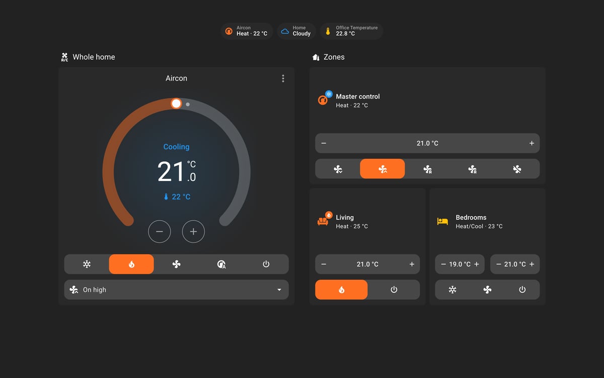Home Assistant aircon lab dashboard running the Slate theme (Dark), on desktop
