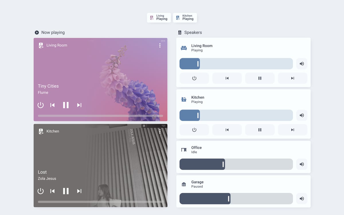 Home Assistant media lab dashboard running the Nordic theme (Light), on desktop