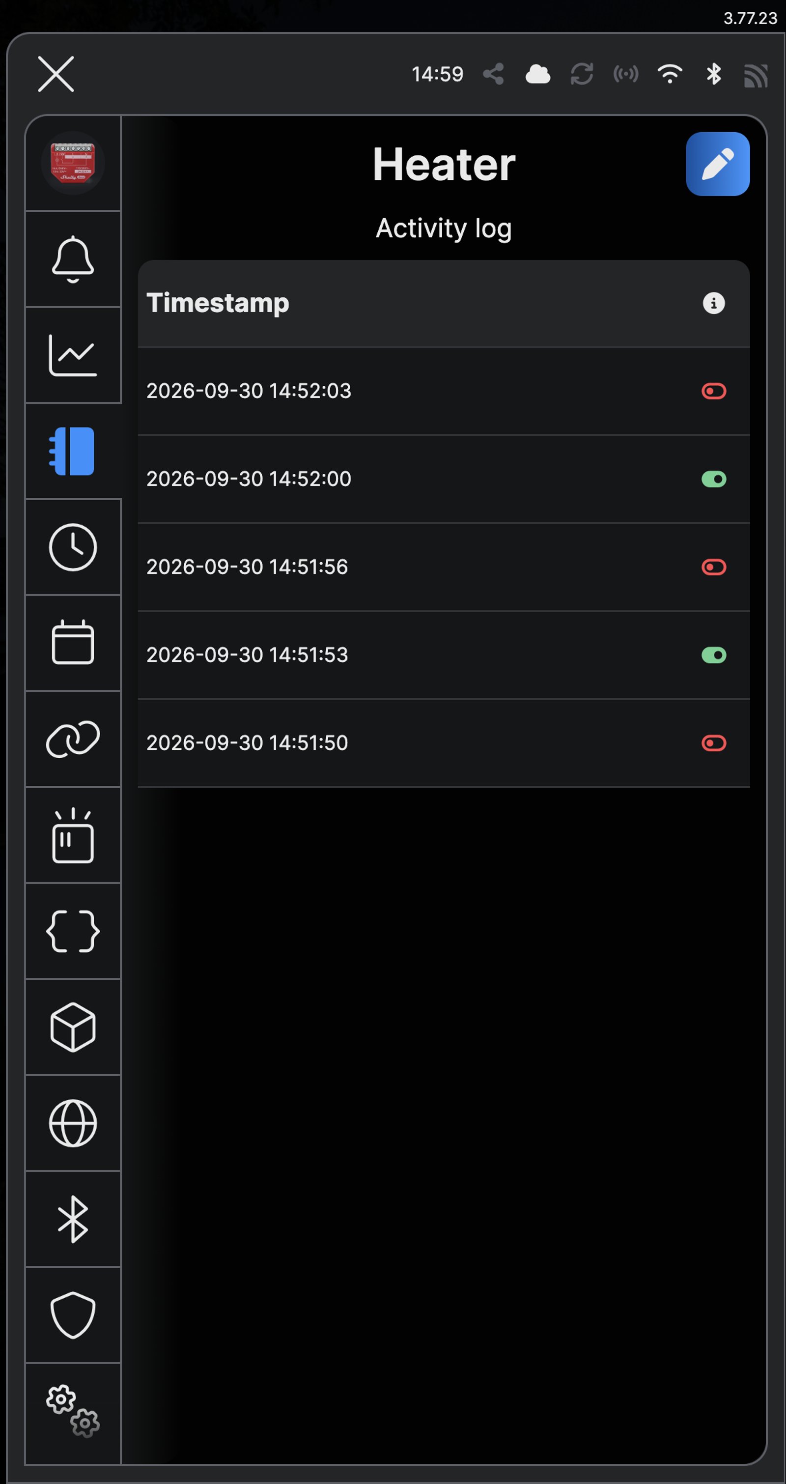 Shelly app activity log for a device named Heater, listing when it turned on and off.