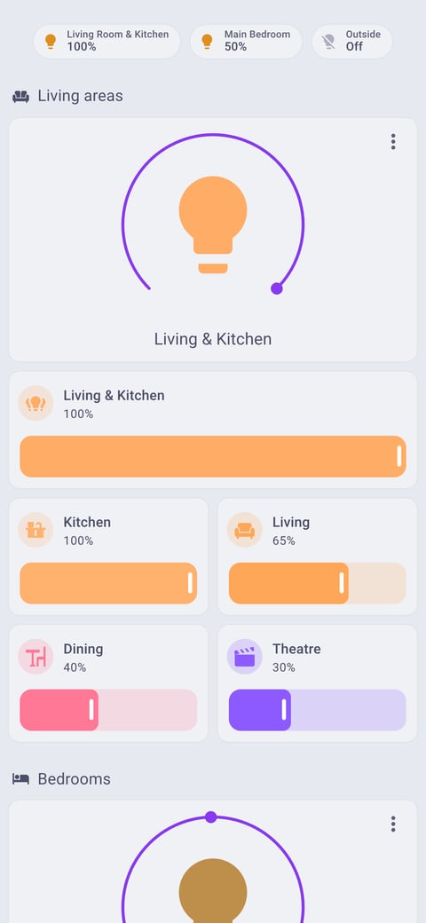 Home Assistant lights lab dashboard running the Catppuccin theme (Latte), on a phone