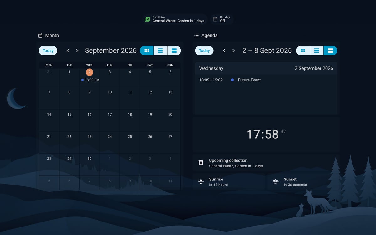 Home Assistant calendar lab dashboard running the Simple Dreams theme (Dark), on desktop