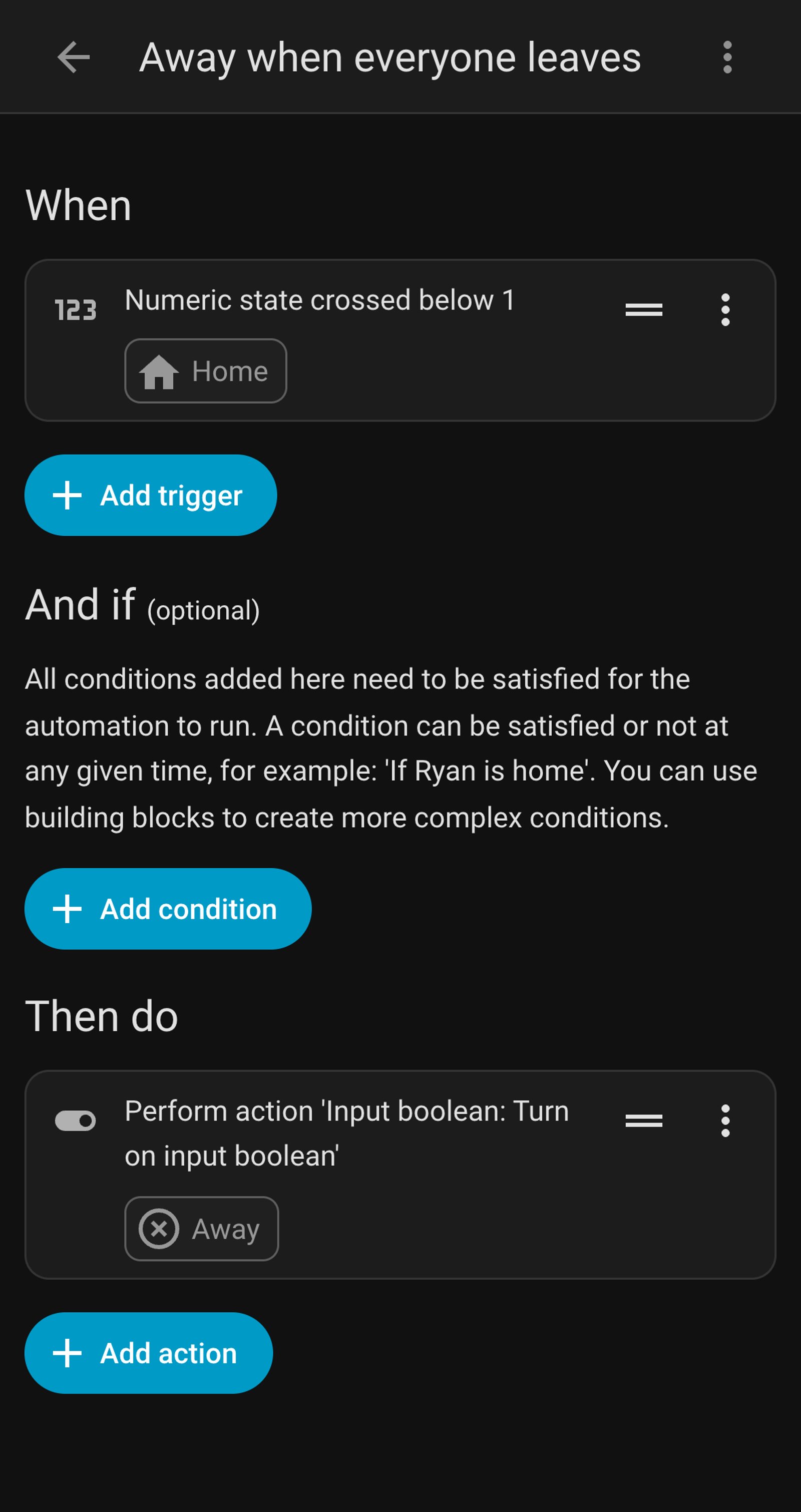 Home Assistant automation Away when everyone leaves: when the Home zone drops below 1, turn on Away