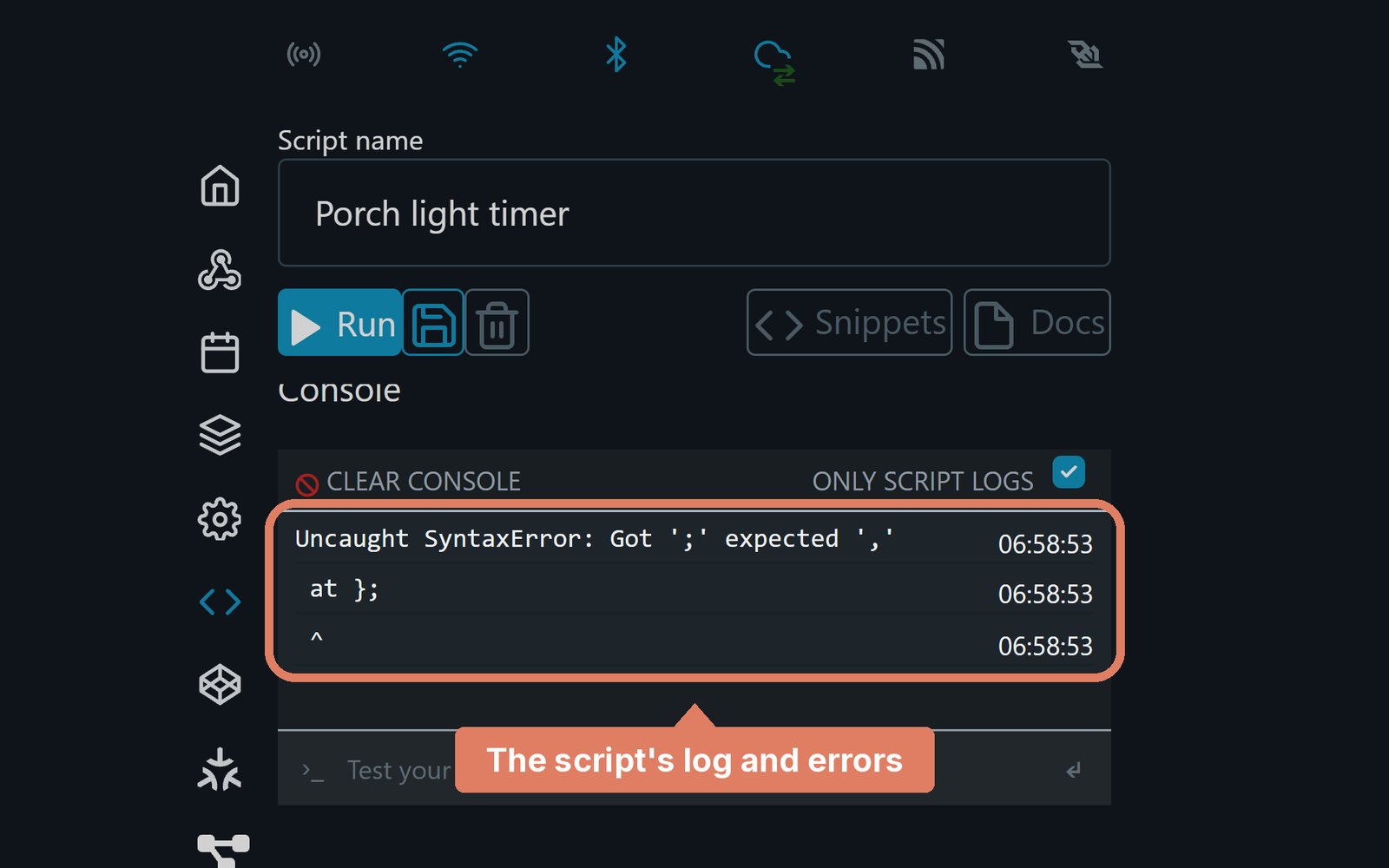 The Shelly web page's script editor, with the console's error lines marked