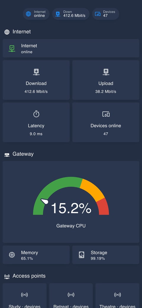 Home Assistant network lab dashboard running the Noctis theme (Dark), on a phone
