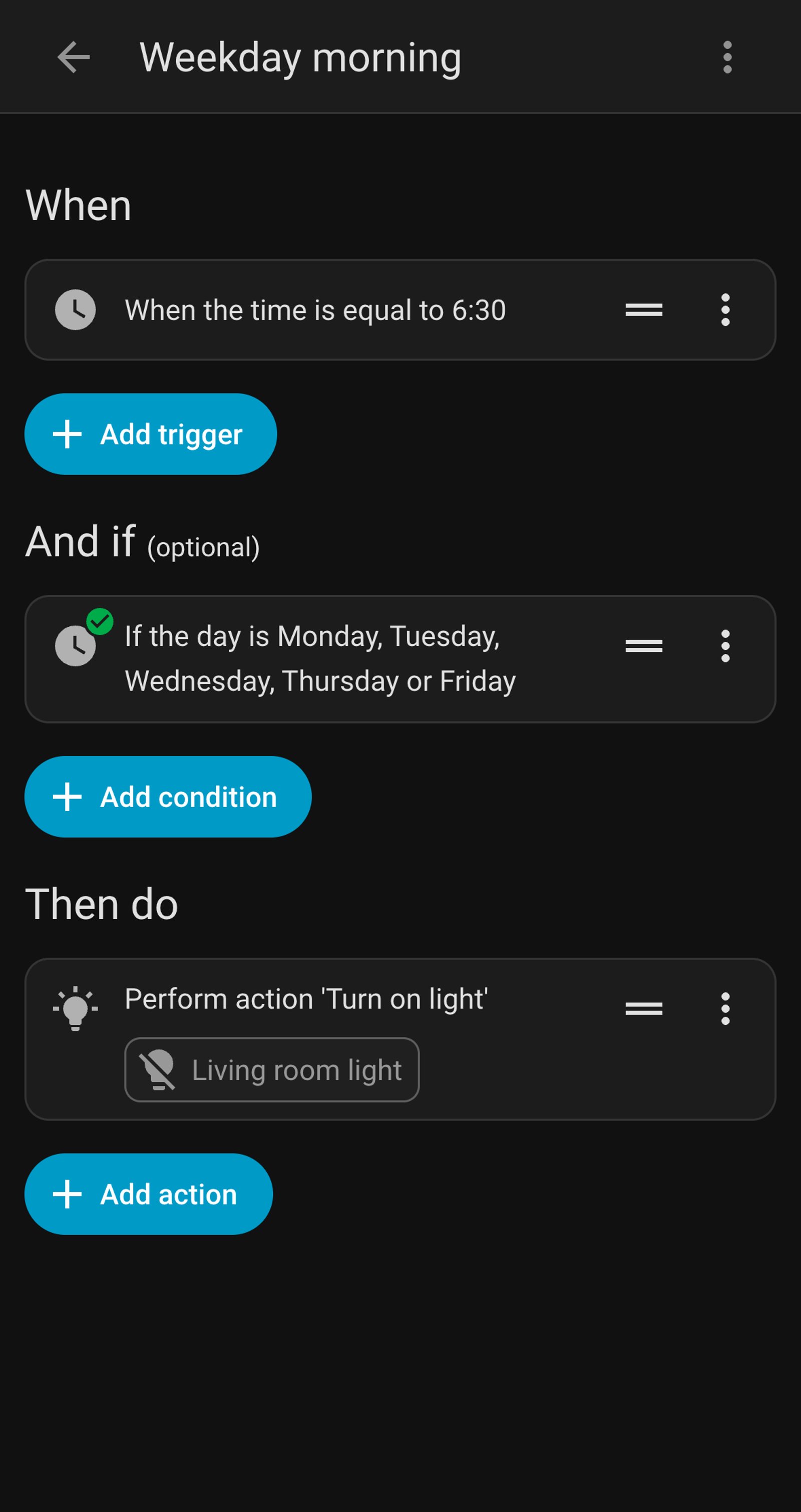 Home Assistant automation Weekday morning, triggered at 6:30 on Monday to Friday and turning on Living room light.