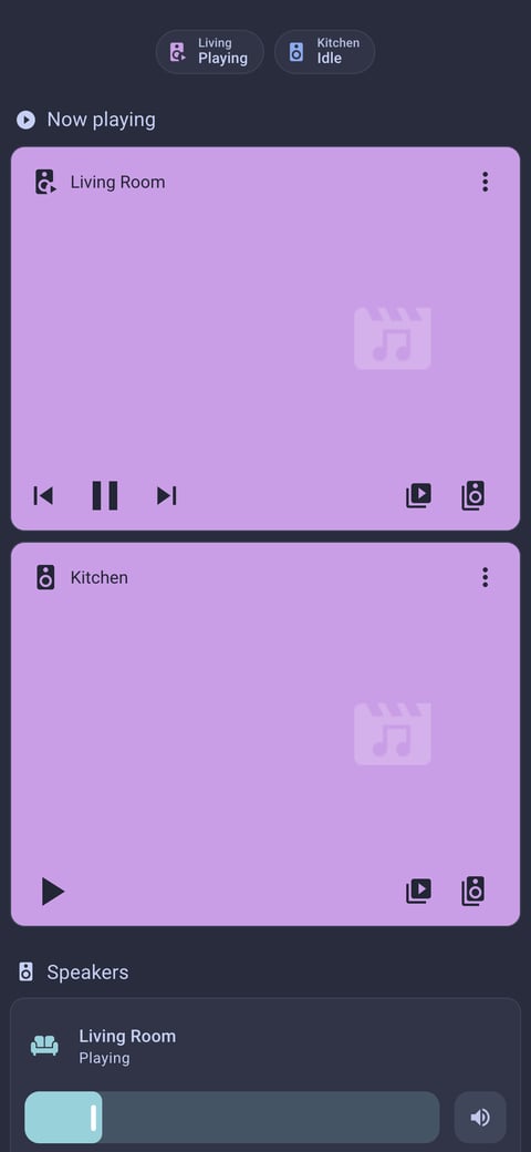Home Assistant media lab dashboard running the Catppuccin theme (Frappe), on a phone