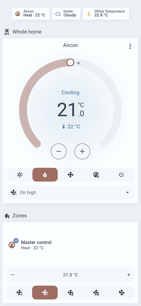 Home Assistant aircon lab dashboard running the Nordic theme (Blue light), on a phone
