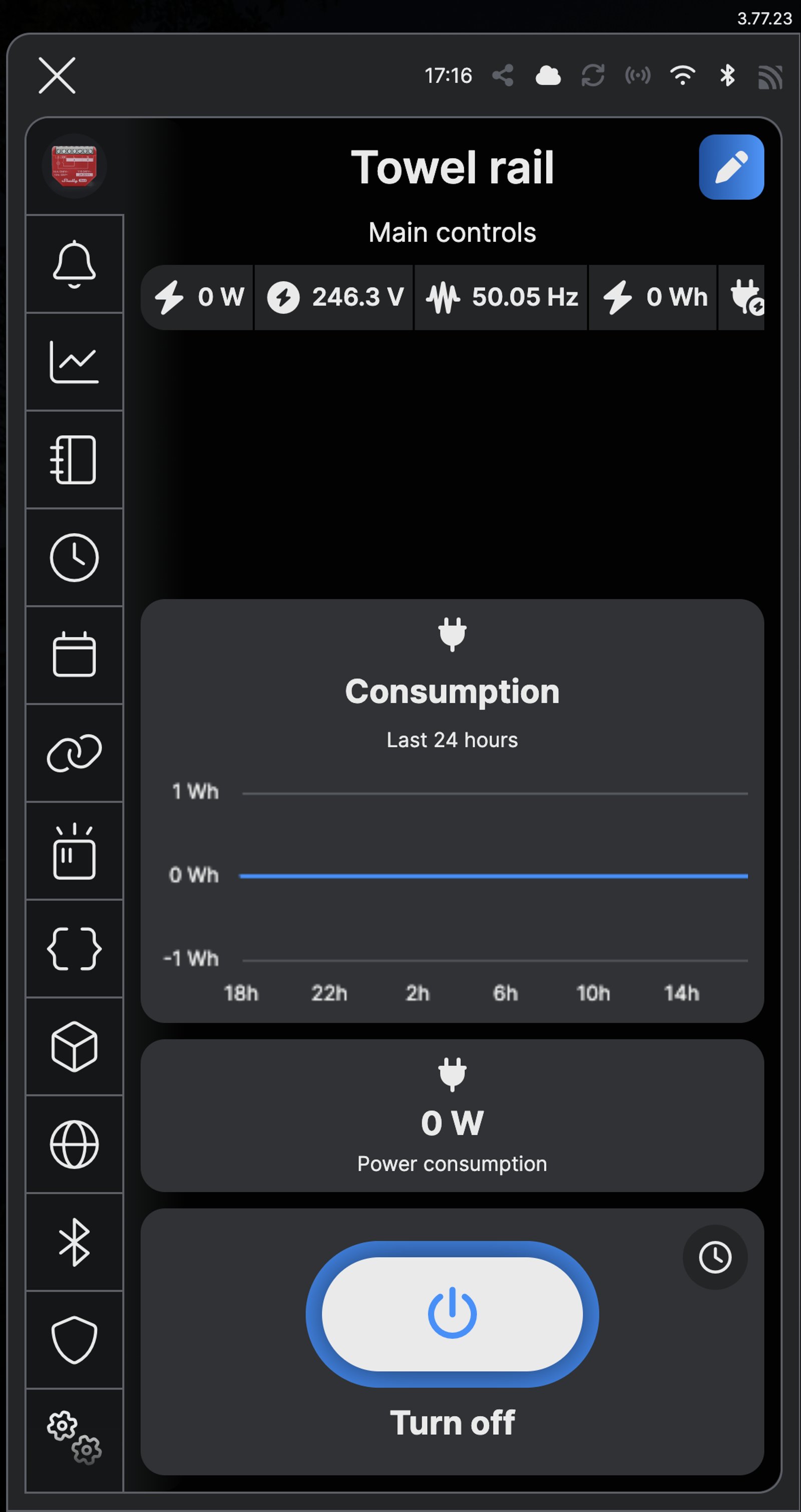 Shelly app main controls for a Shelly 1PM Gen4 named Towel rail, switched on, with its power reading.