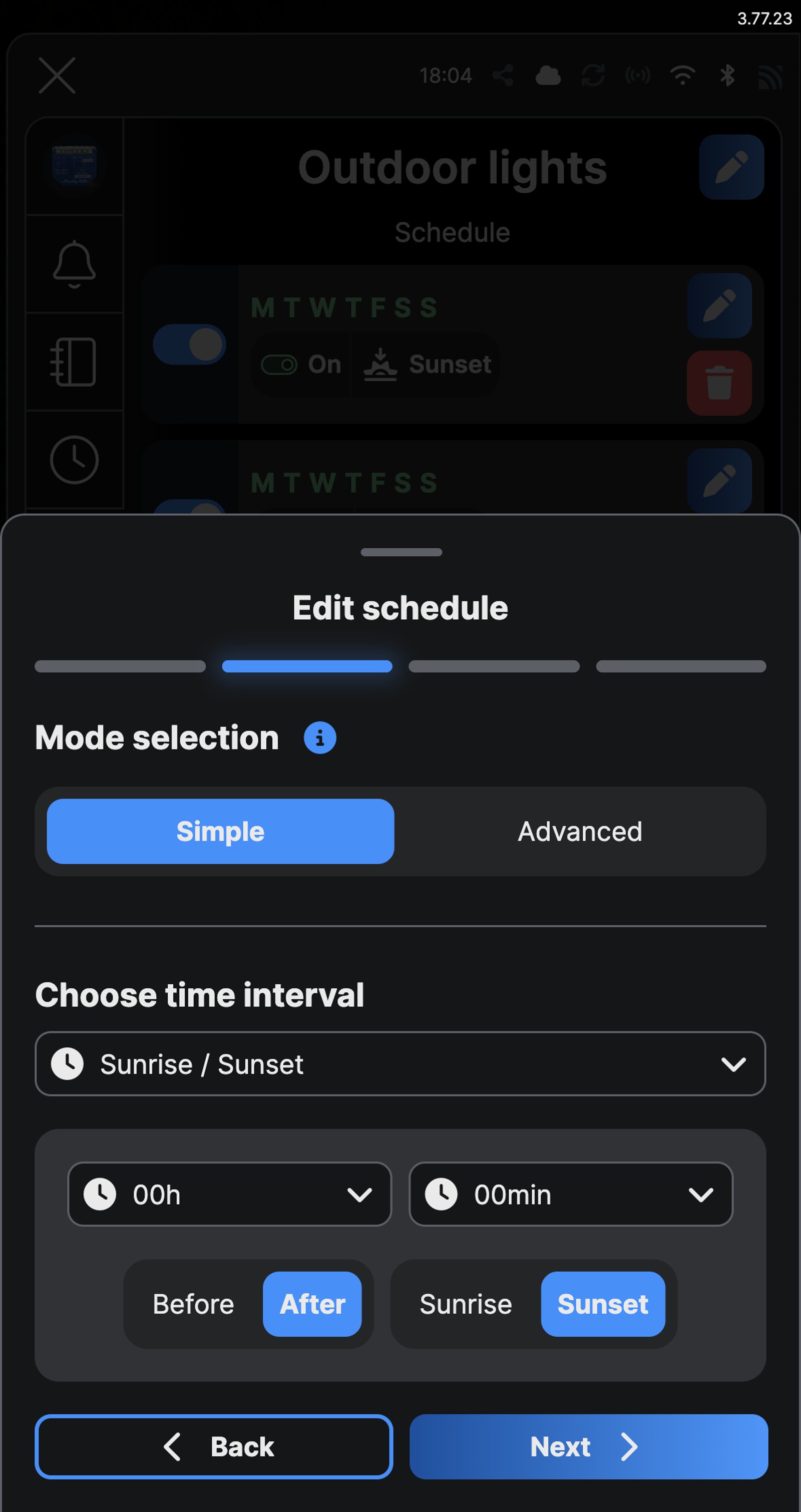 Shelly app Edit schedule screen for a Shelly 1 Gen4 named Outdoor lights, with Sunrise / Sunset chosen and Sunset selected with no offset.