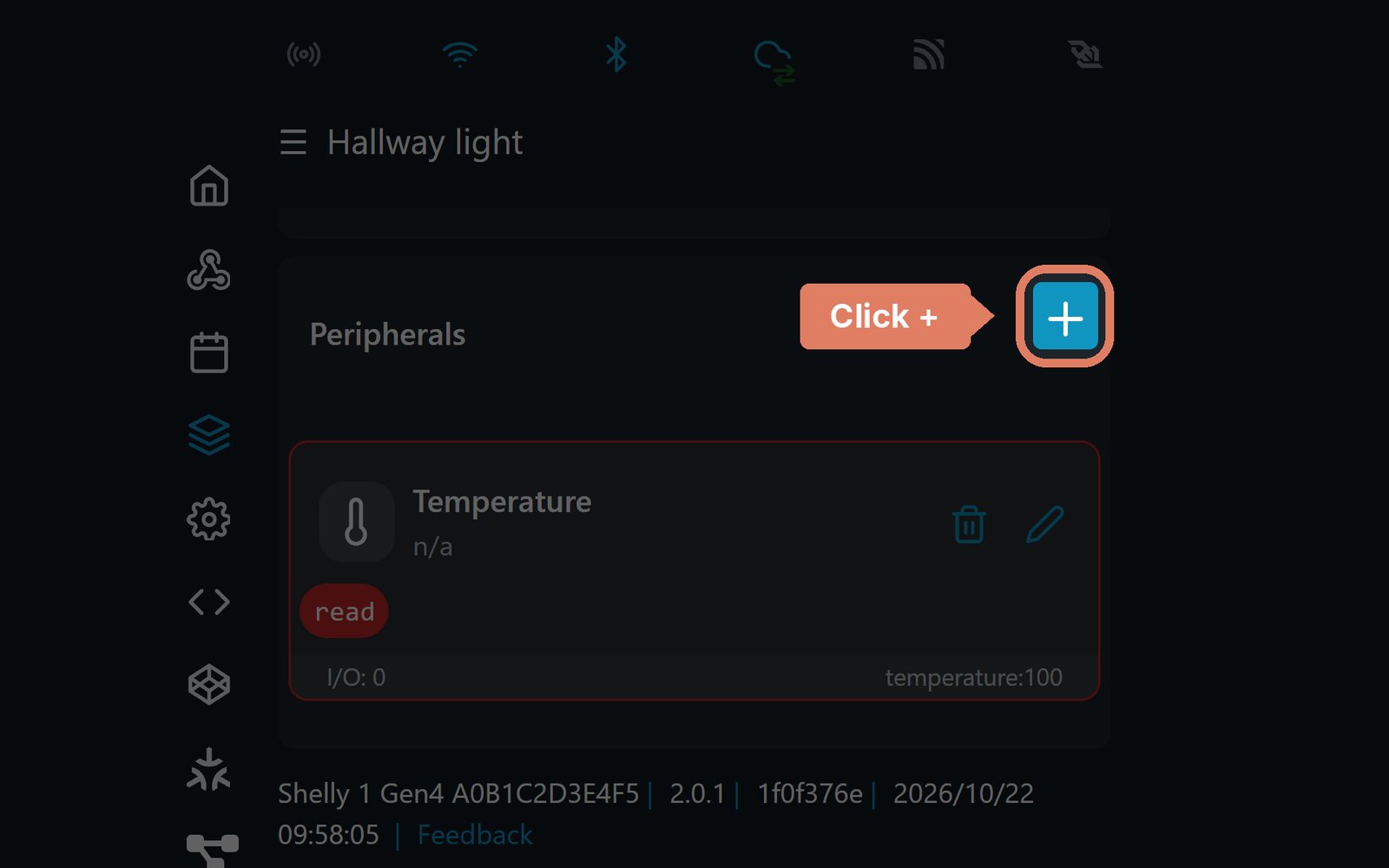 The Shelly web page's Add-on page, with the + beside Peripherals marked