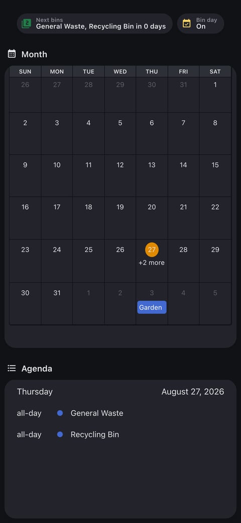 Home Assistant calendar lab dashboard running the Graphite theme (Dark), on a phone