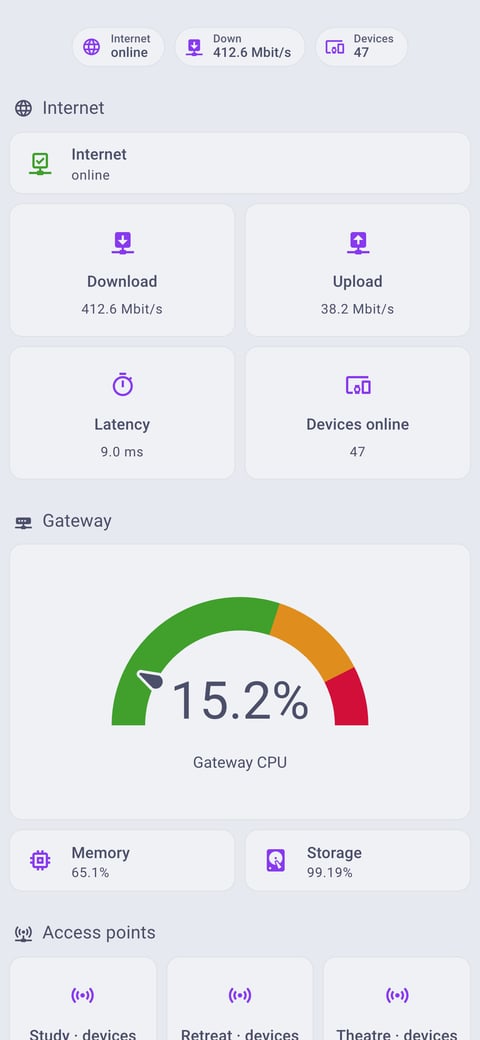 Home Assistant network lab dashboard running the Catppuccin theme (Latte), on a phone