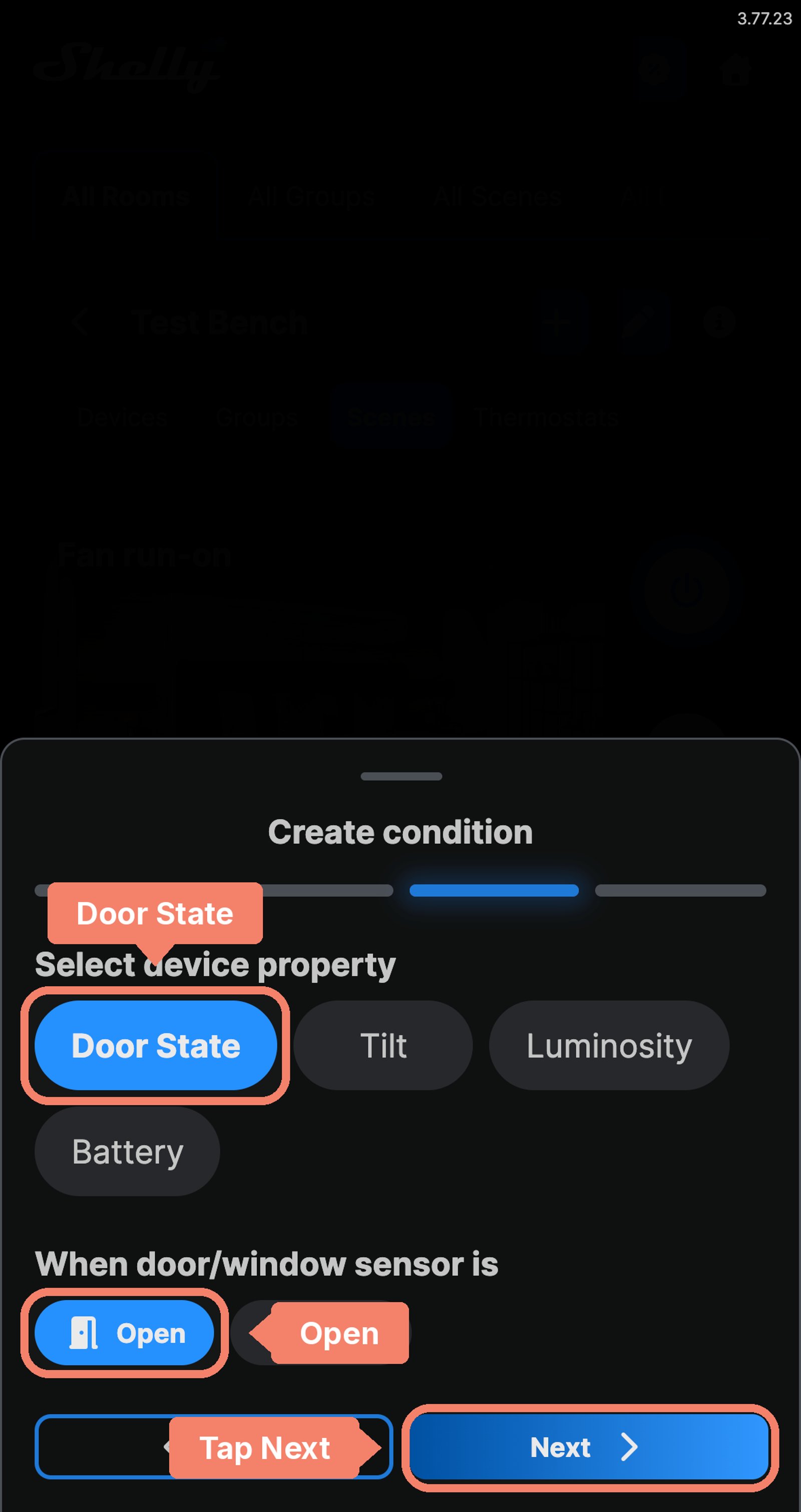 Shelly app Create condition screen for Back door, with Door State and Open labelled and Next marked.