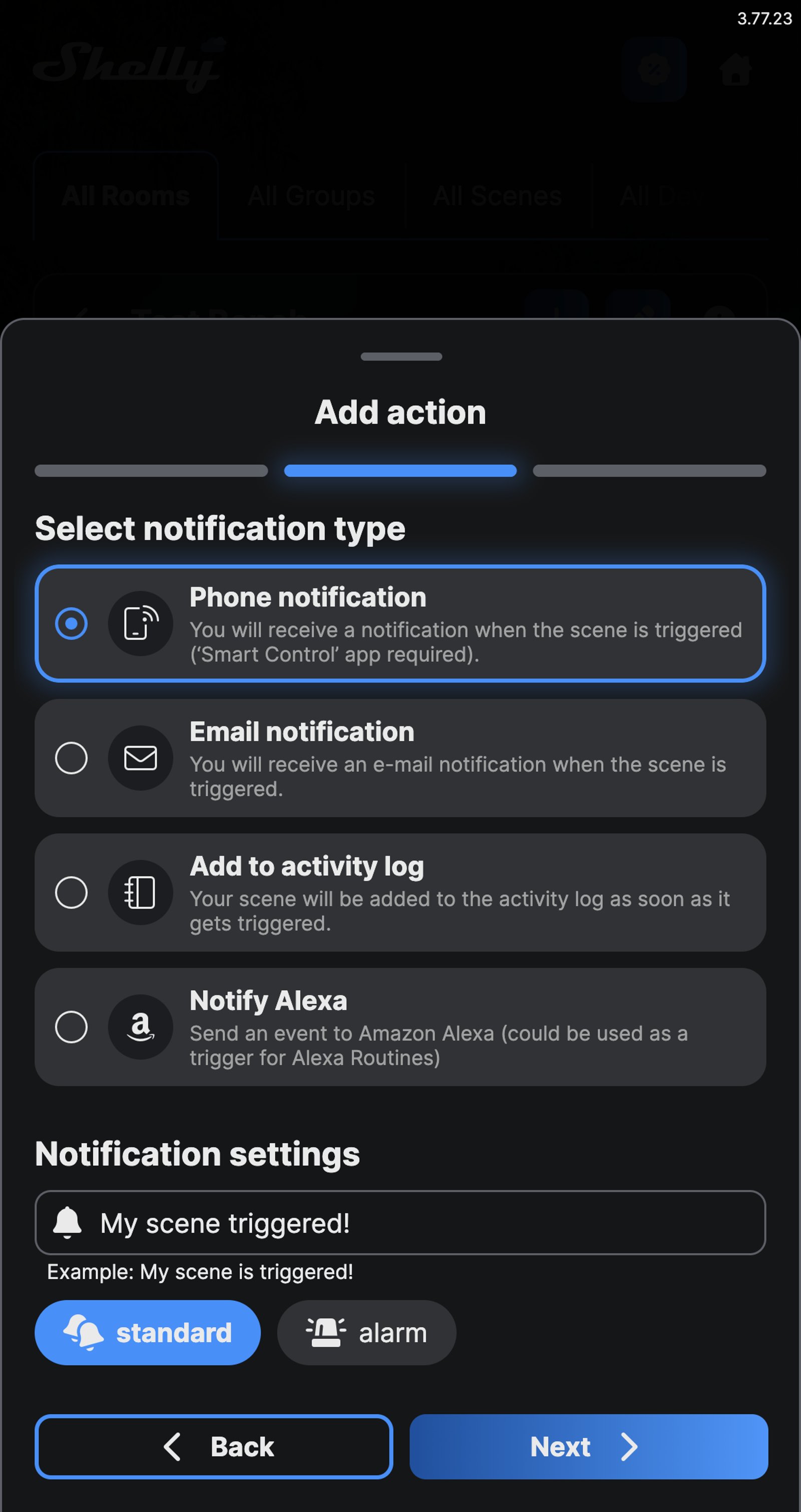 Shelly app scene action with Phone notification selected as the notification type.