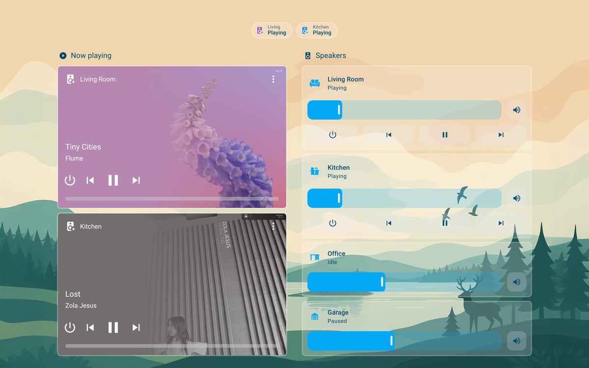 Home Assistant media lab dashboard running the Simple Dreams theme (Light), on desktop