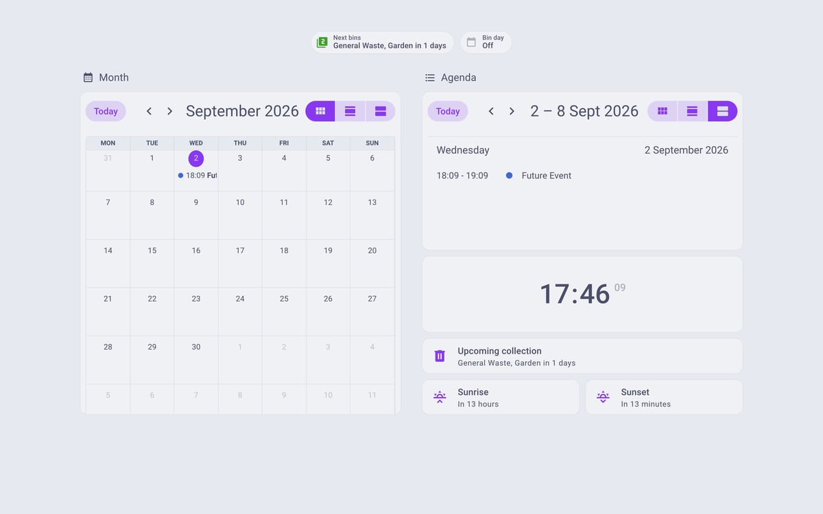 Home Assistant calendar lab dashboard running the Catppuccin theme (Latte), on desktop