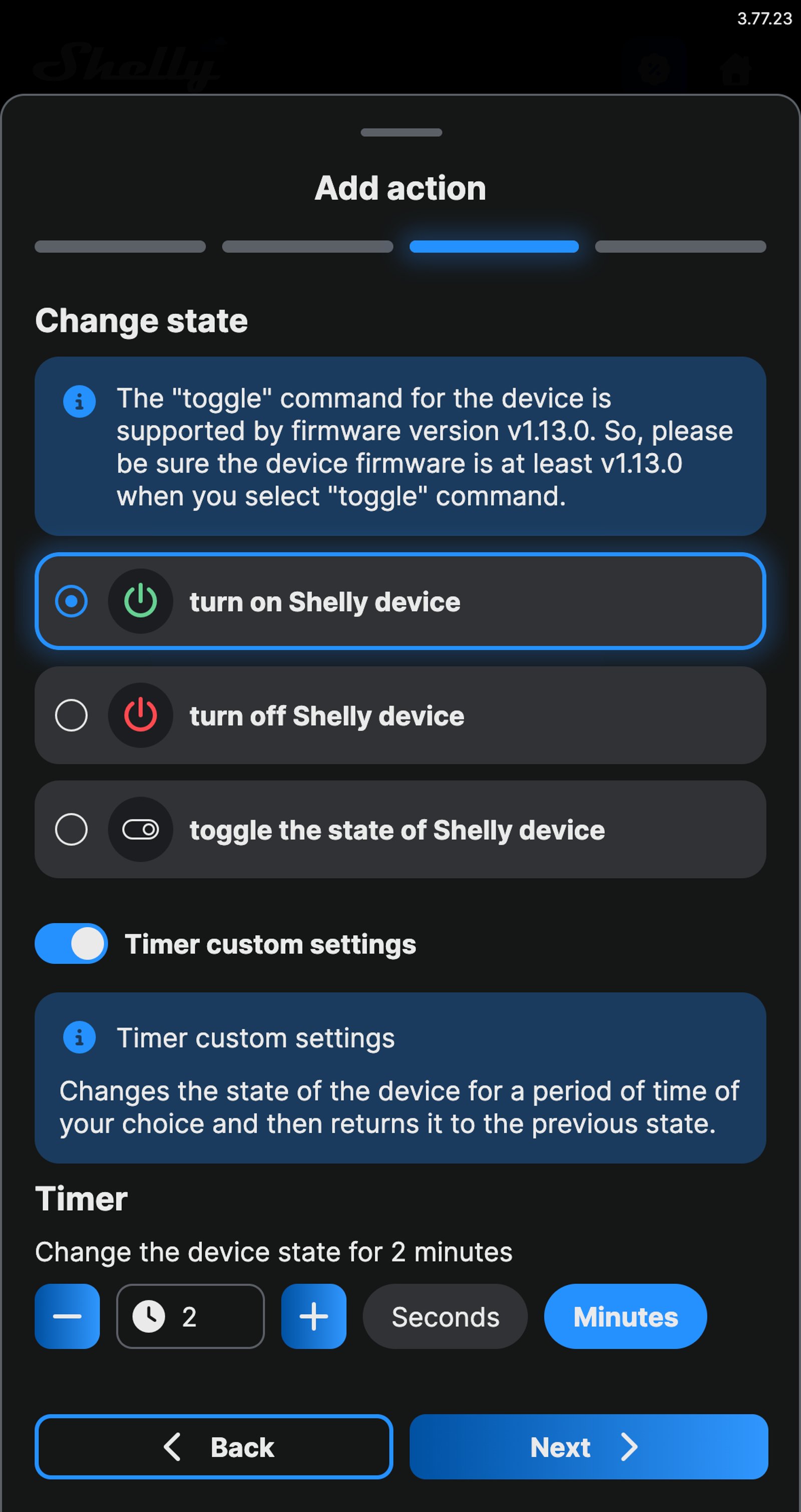 Shelly app device action for Hallway light set to turn on, with Timer custom settings on for 2 minutes