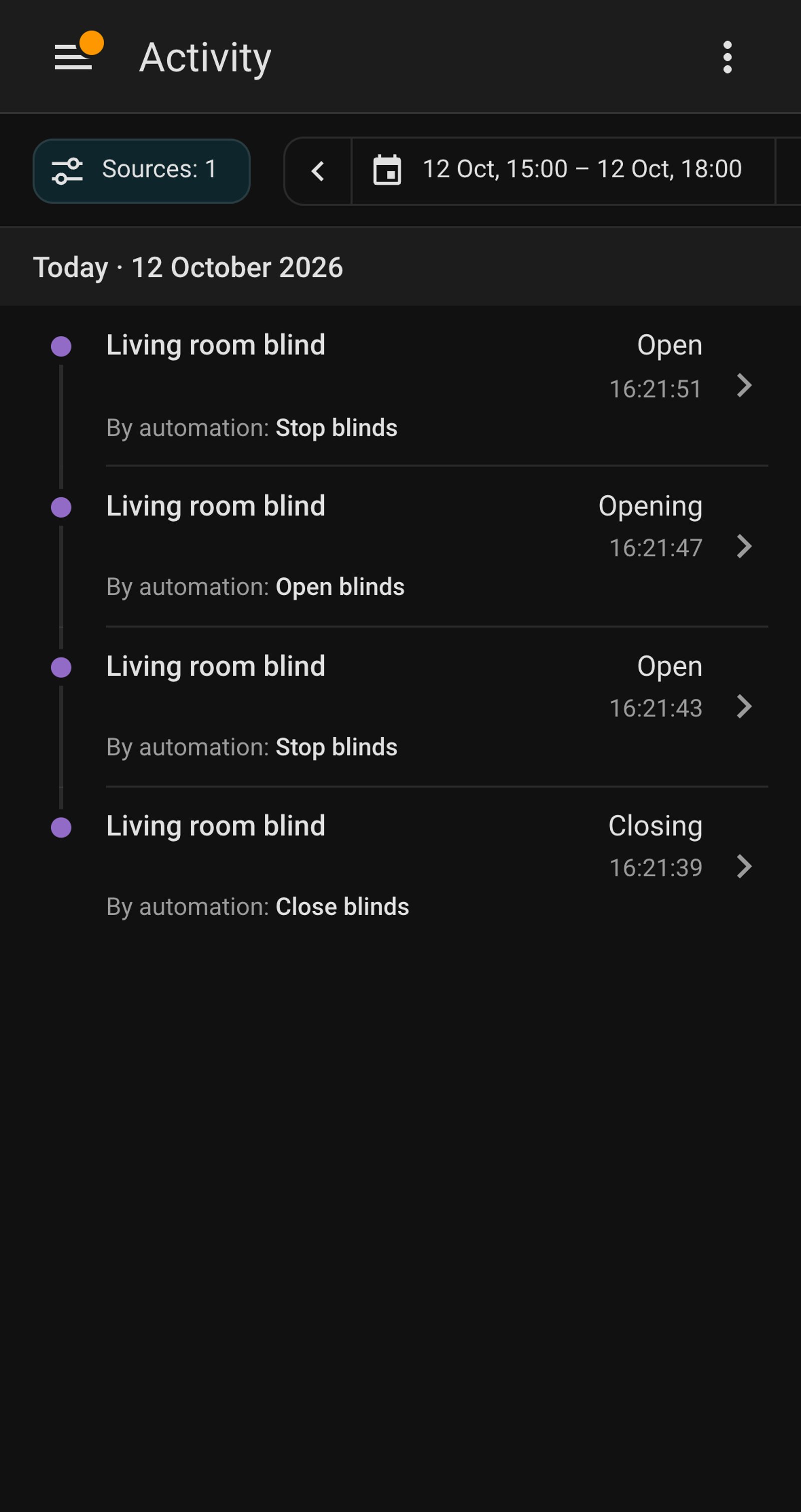 Home Assistant Activity for Living room blind, with each move made by the automations Open blinds, Close blinds and Stop blinds.