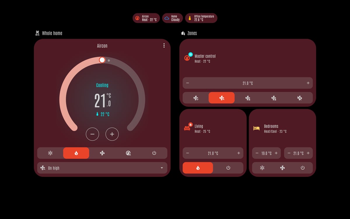 Home Assistant aircon lab dashboard running the LCARS theme (Cardassia), on desktop