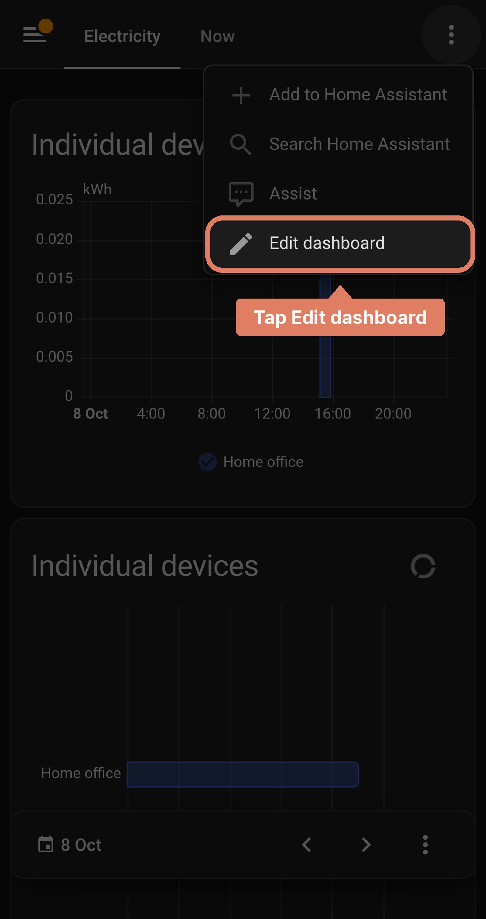 Home Assistant Energy dashboard with the three-dots menu open and Edit dashboard marked.