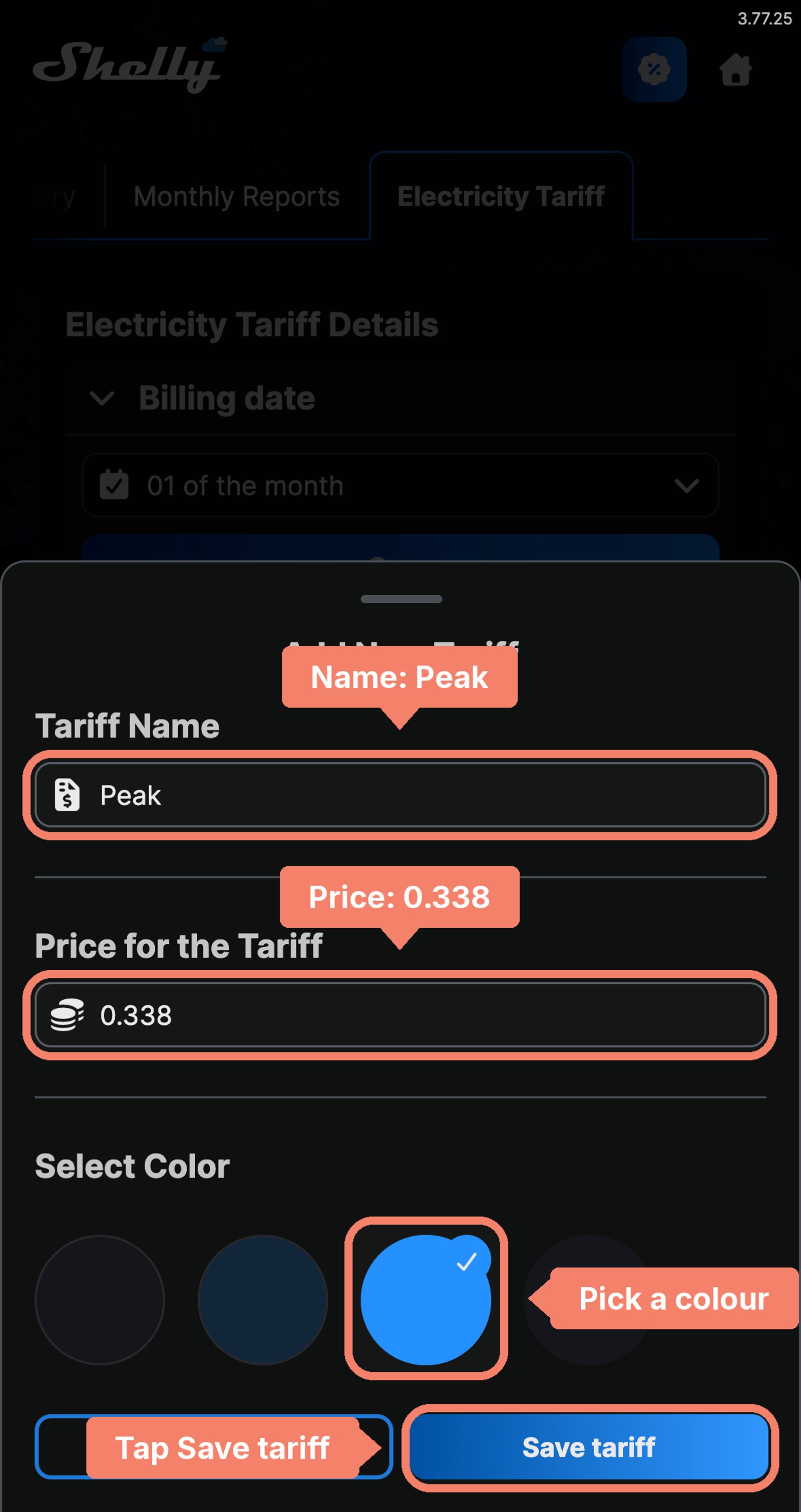 Shelly app Add New Tariff dialog with the name Peak, a price of 0.338 and a colour labelled, and the Save tariff button marked.