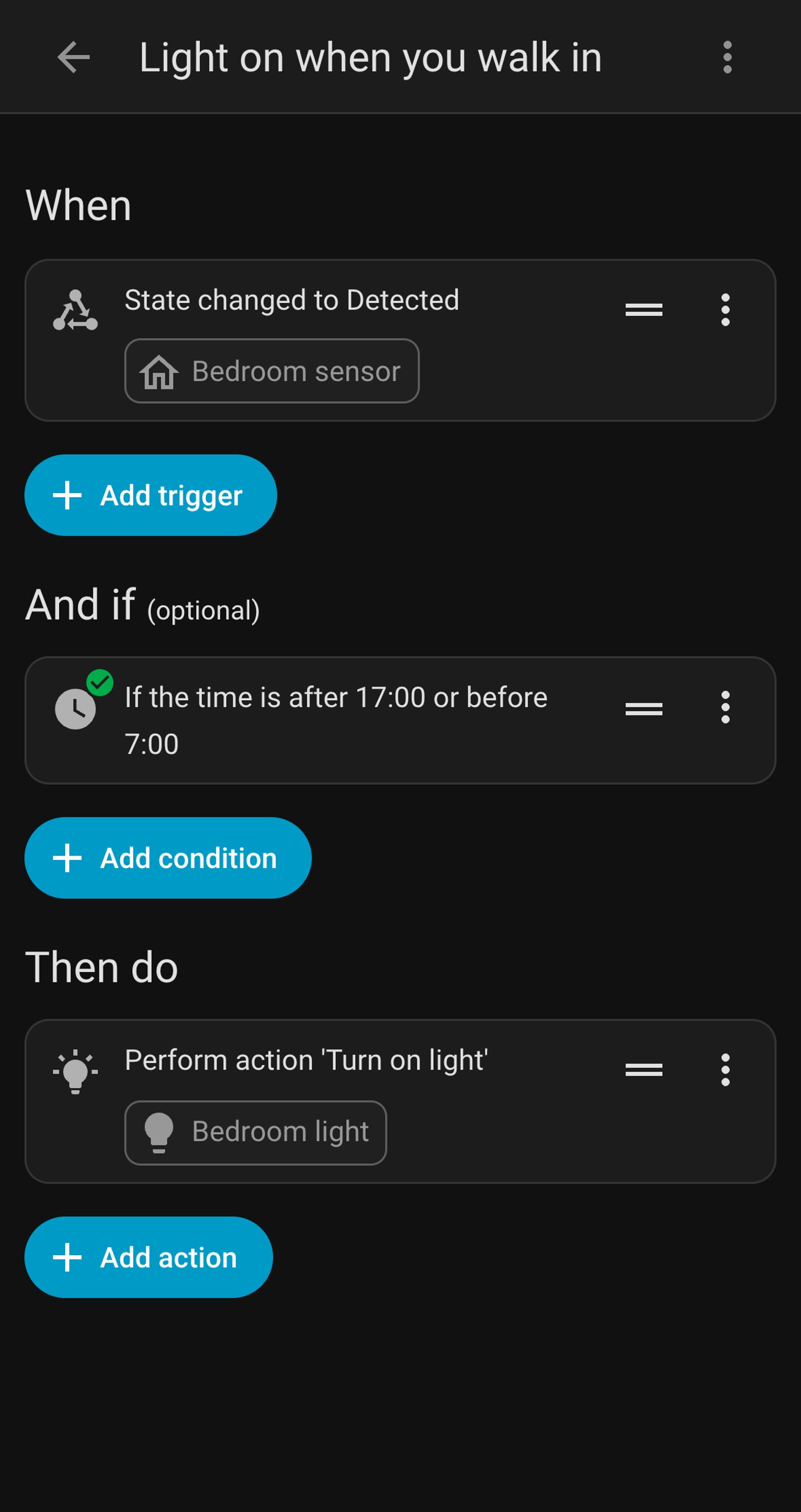 Home Assistant automation Light on when you walk in, triggered when Bedroom sensor detects presence between 17:00 and 7:00 and turning on Bedroom light.