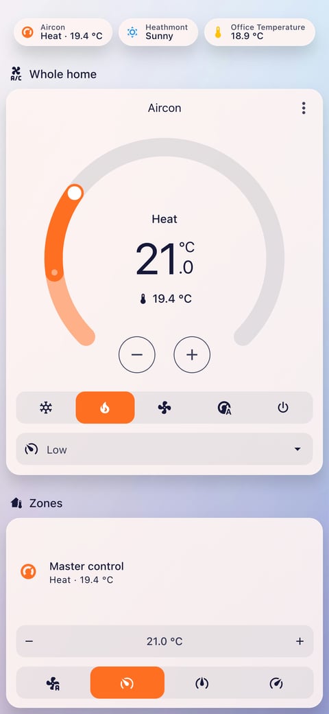 Home Assistant aircon lab dashboard running the Frosted Glass theme (Light), on a phone
