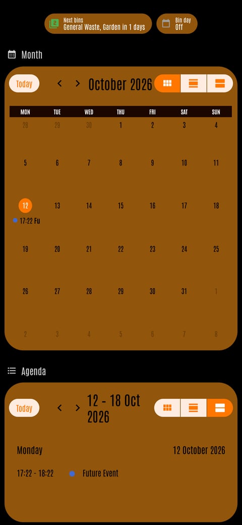 Home Assistant calendar lab dashboard running the LCARS theme (Lower Decks), on a phone