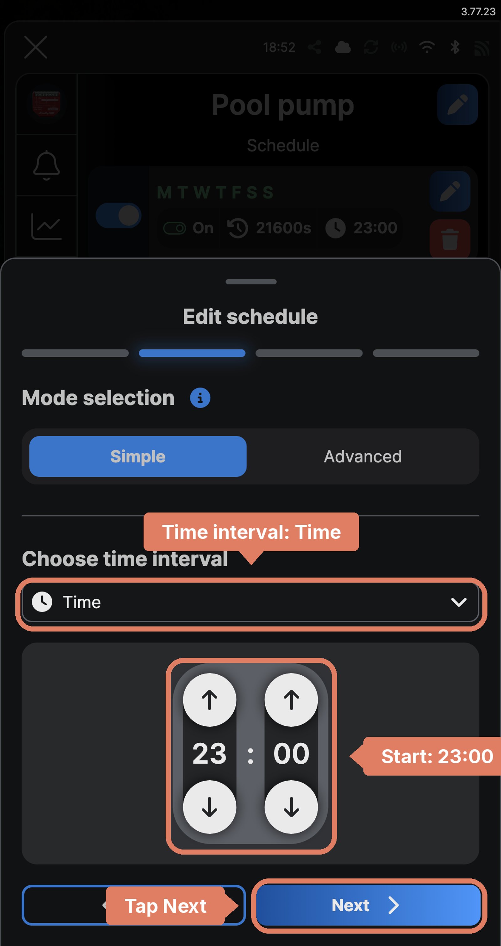 Shelly app Edit schedule screen for a Shelly 1PM Gen4 named Pool pump, with Time chosen and the start set to 23:00, and the time interval, the time and Next marked.