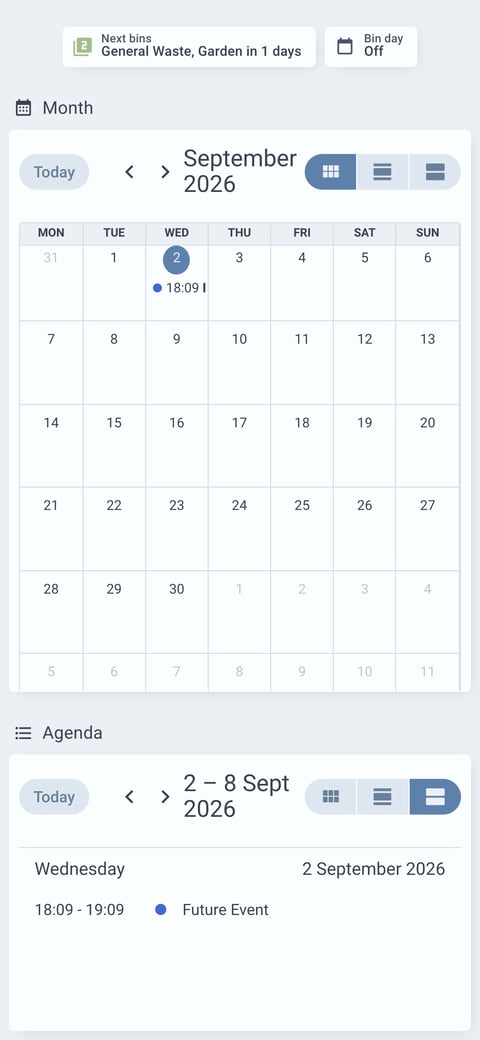 Home Assistant calendar lab dashboard running the Nordic theme (Blue light), on a phone
