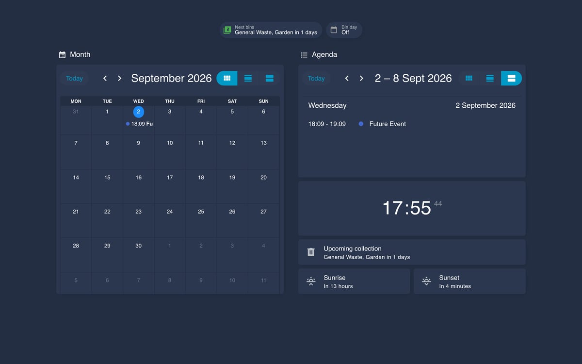 Home Assistant calendar lab dashboard running the Noctis theme (Dark), on desktop