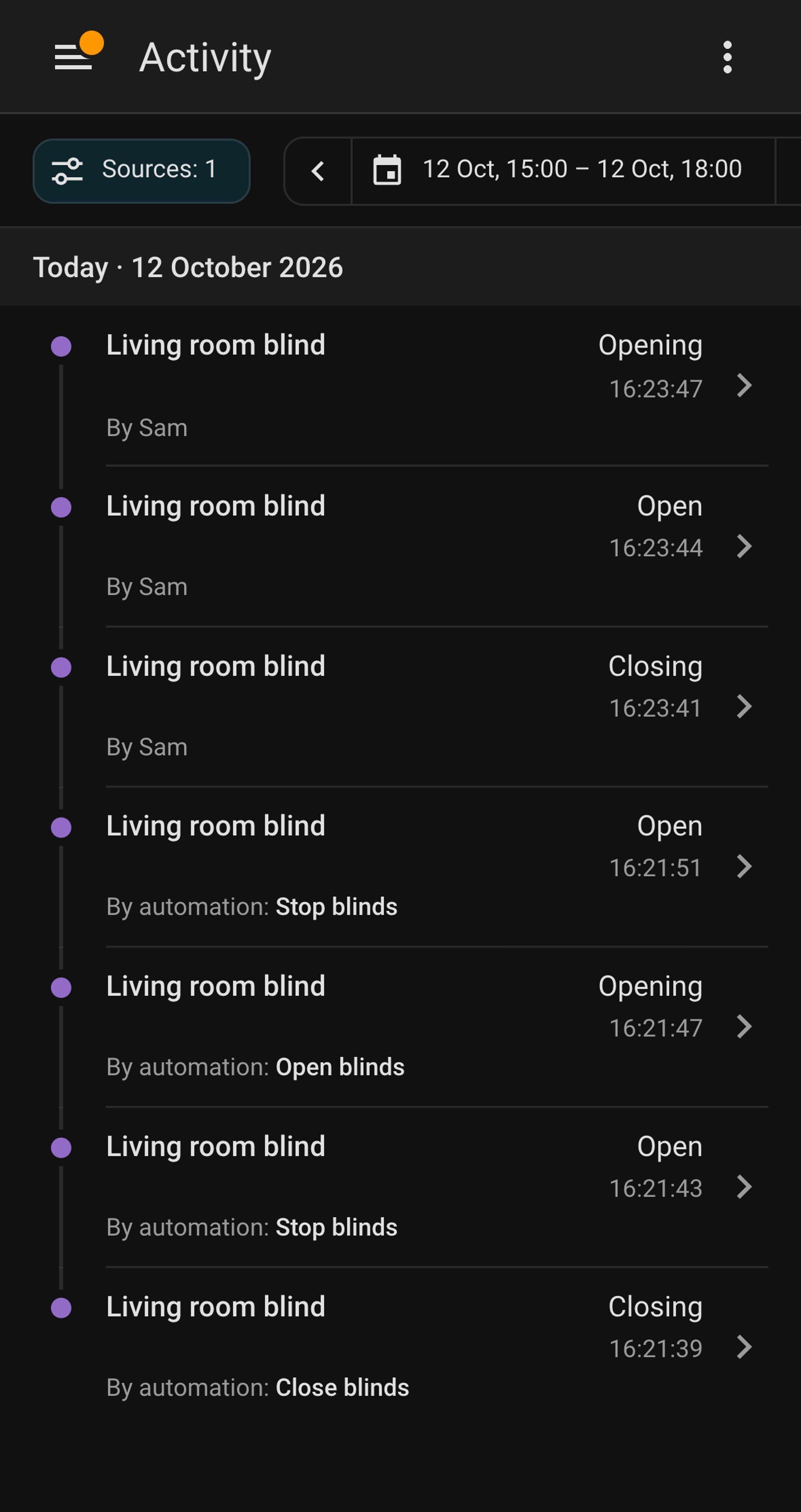 Home Assistant Activity for Living room blind, listing it opening, closing and stopping.
