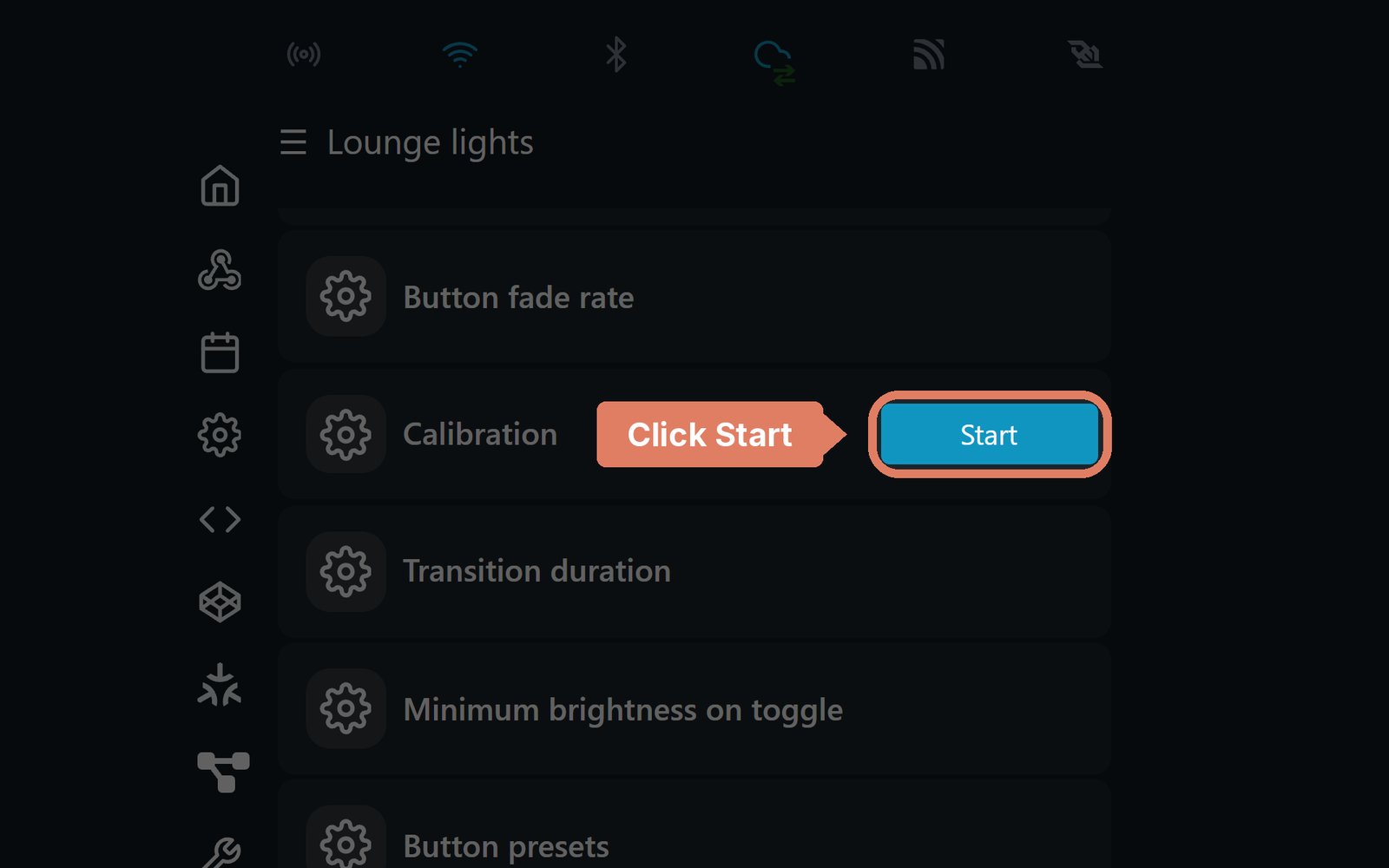 The Shelly Dimmer Gen4 web page's light settings, with the Calibration Start button marked
