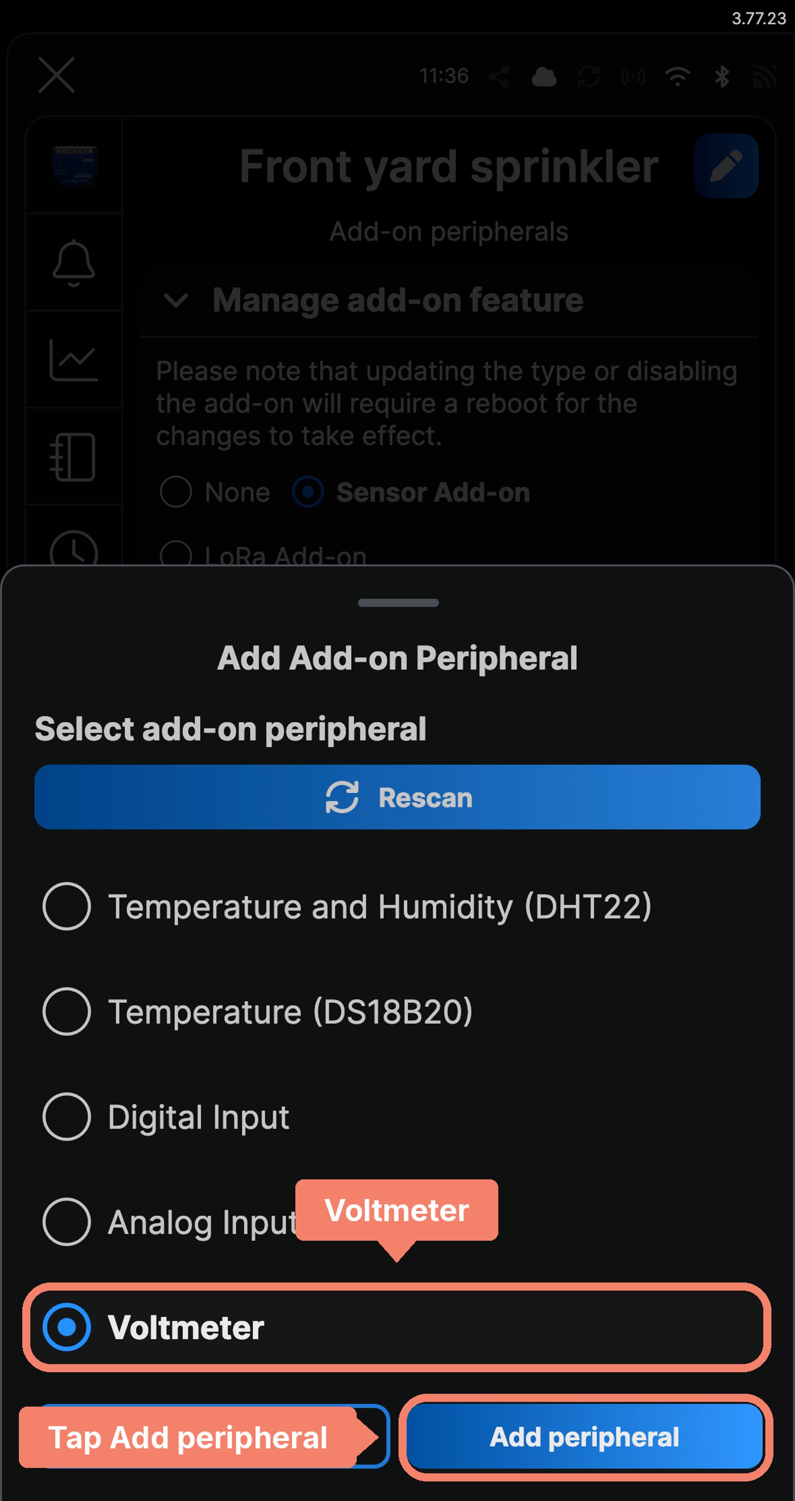 Shelly app Add Add-on Peripheral sheet with Voltmeter labelled and Add peripheral marked.