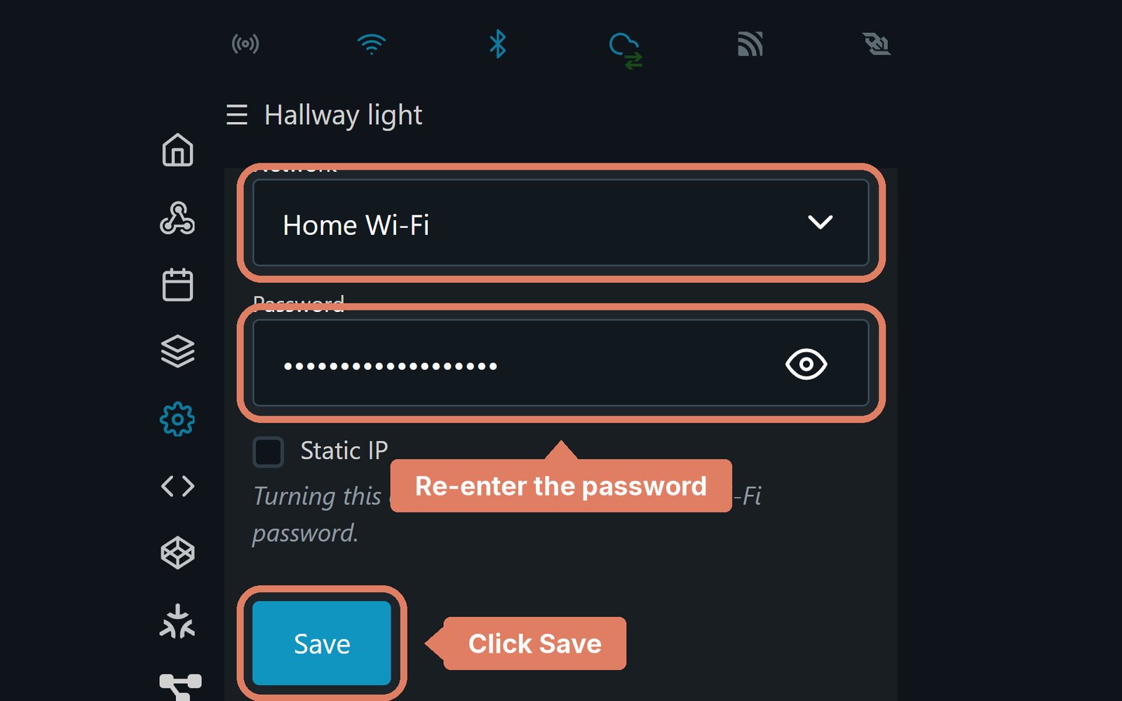 The Shelly web page's Wi-Fi 1 settings, with the network and password fields and the Save button marked