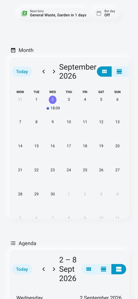 Home Assistant calendar lab dashboard running the Soft theme (Light), on a phone