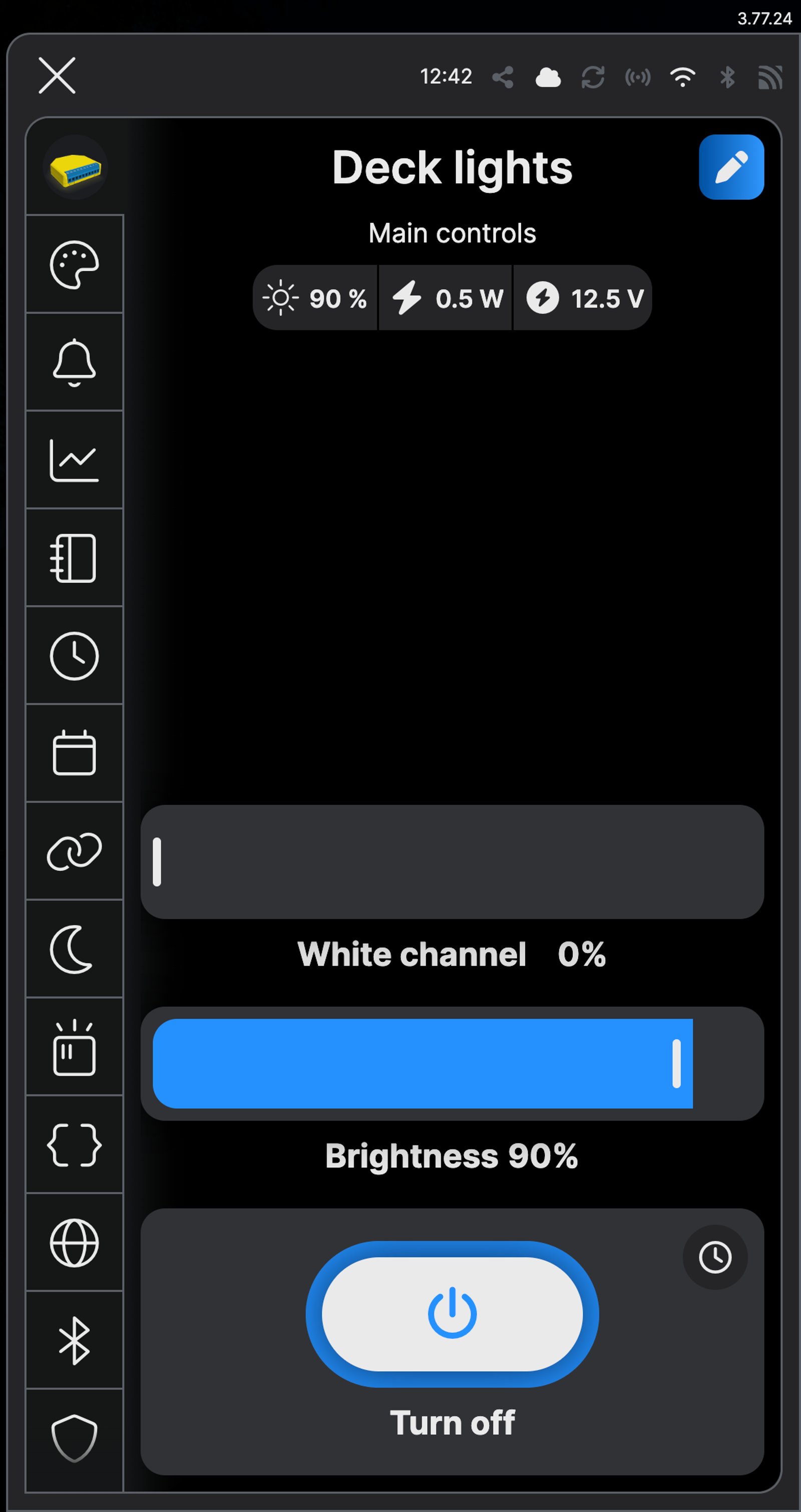 Shelly app main controls for a device named Deck lights, with the white channel at 0% and brightness at 90%.
