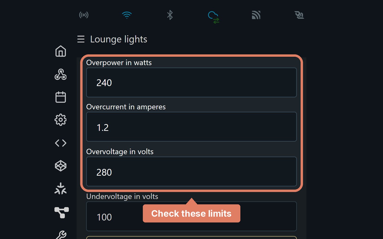 The Shelly Dimmer Gen4 web page's Output protections, with the overpower, overcurrent and overvoltage limits marked