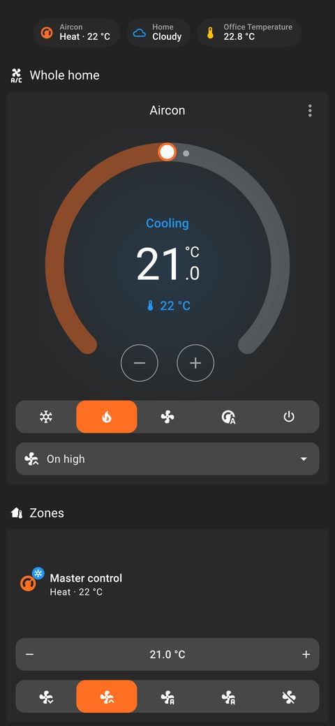 Home Assistant aircon lab dashboard running the Slate theme (Dark), on a phone