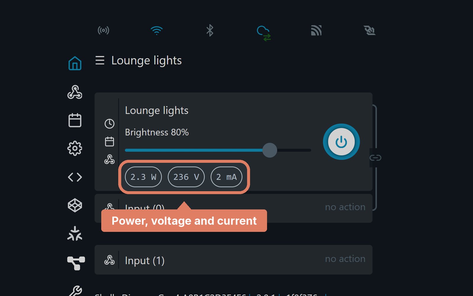 The Shelly Dimmer Gen4 web page's home screen, with the power, voltage and current readings marked