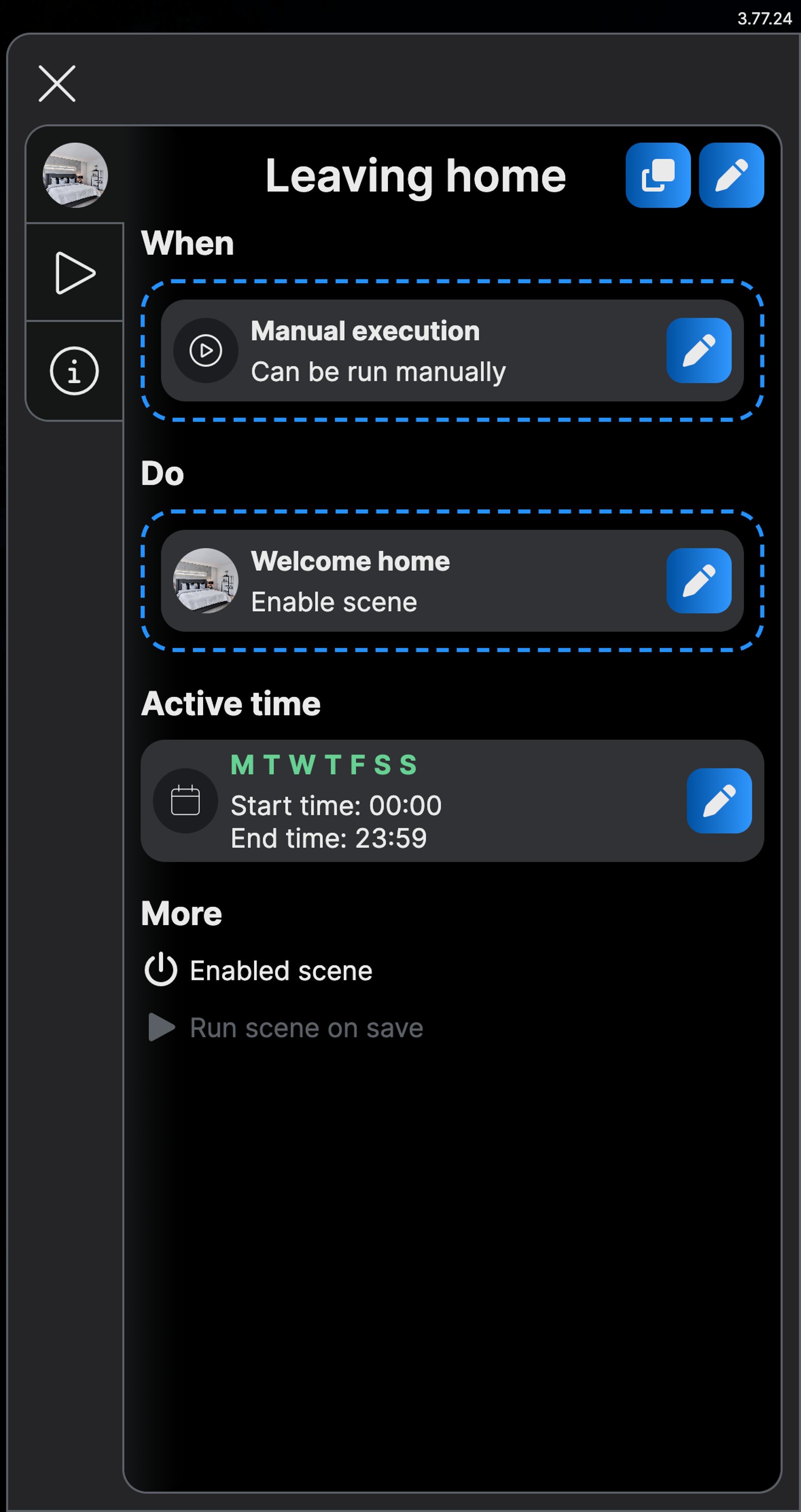 Shelly app Leaving home scene: manual execution that enables the Welcome home scene