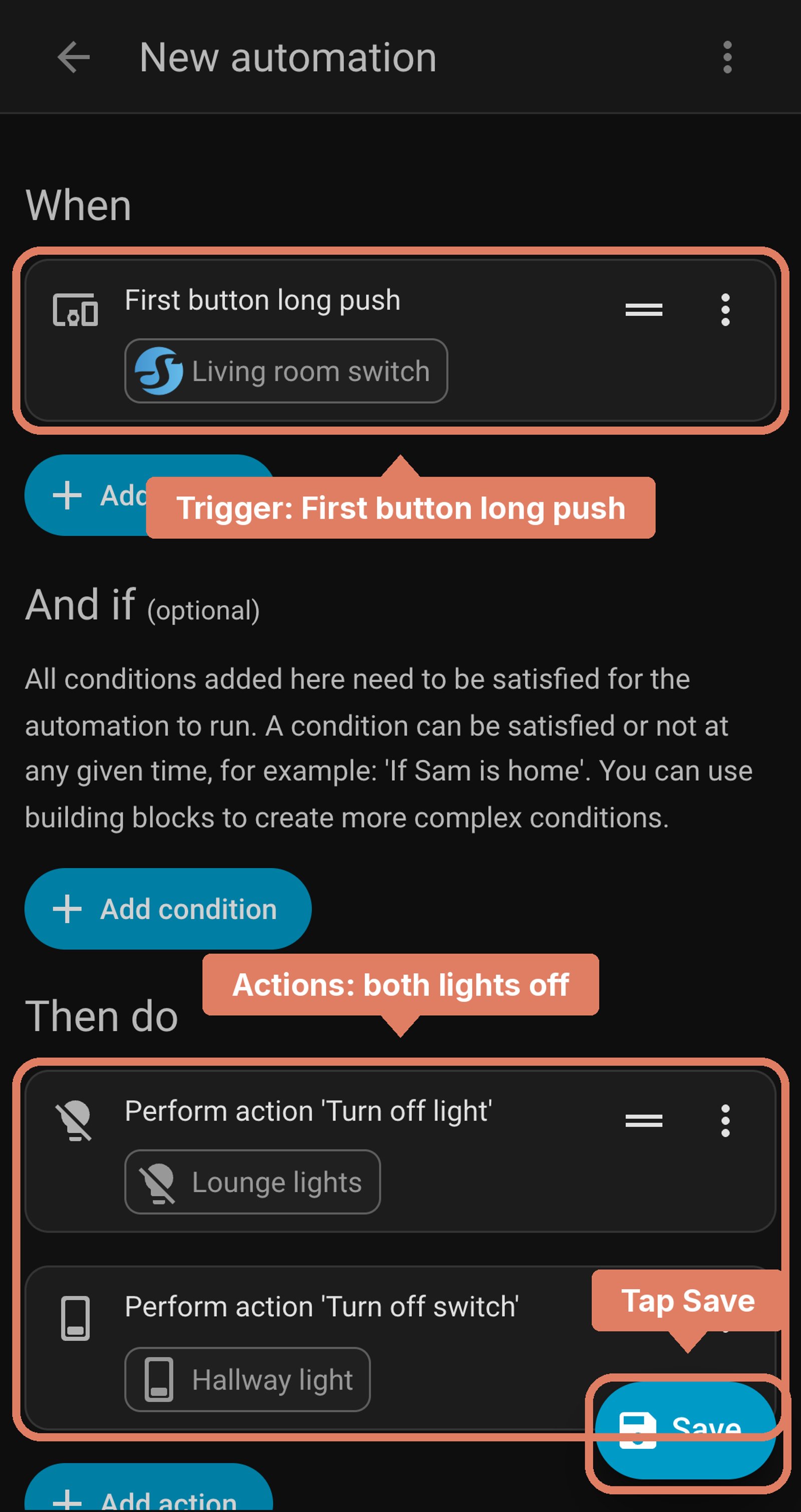 Home Assistant new automation before saving: when the first button is long pushed, turn off Lounge lights and Hallway light, with Save marked.