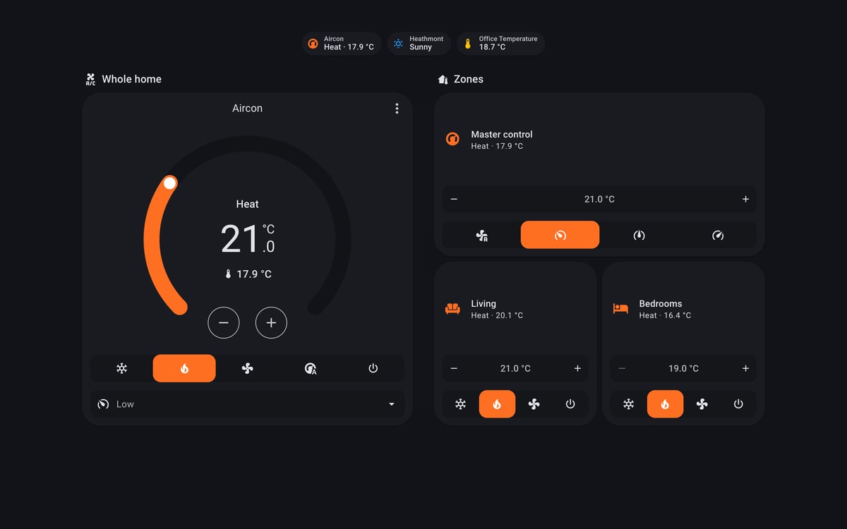 Home Assistant aircon lab dashboard running the Material You theme (Dark), on desktop