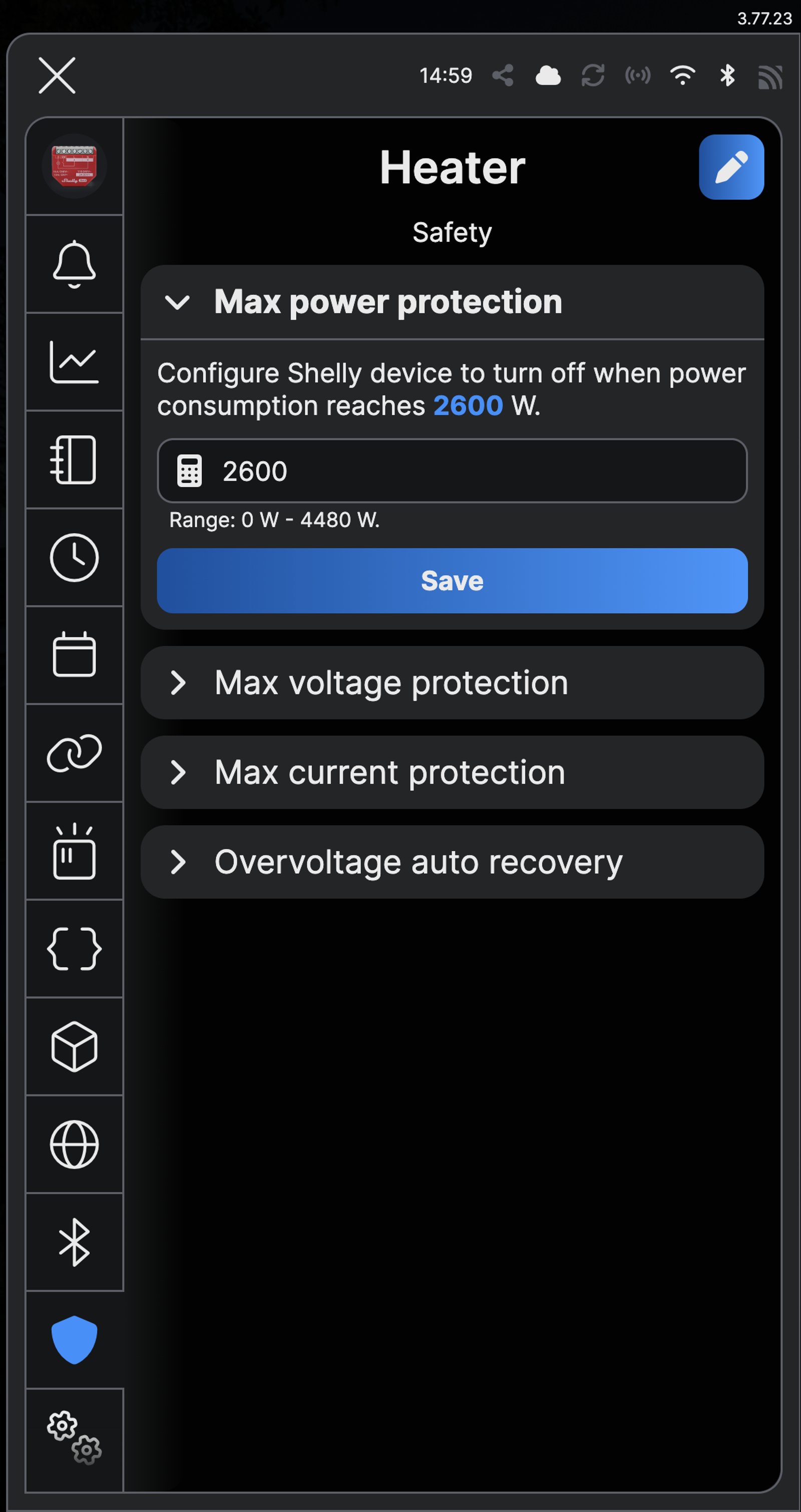 Shelly app safety screen for a device named Heater, with max power protection set to 2600 W.