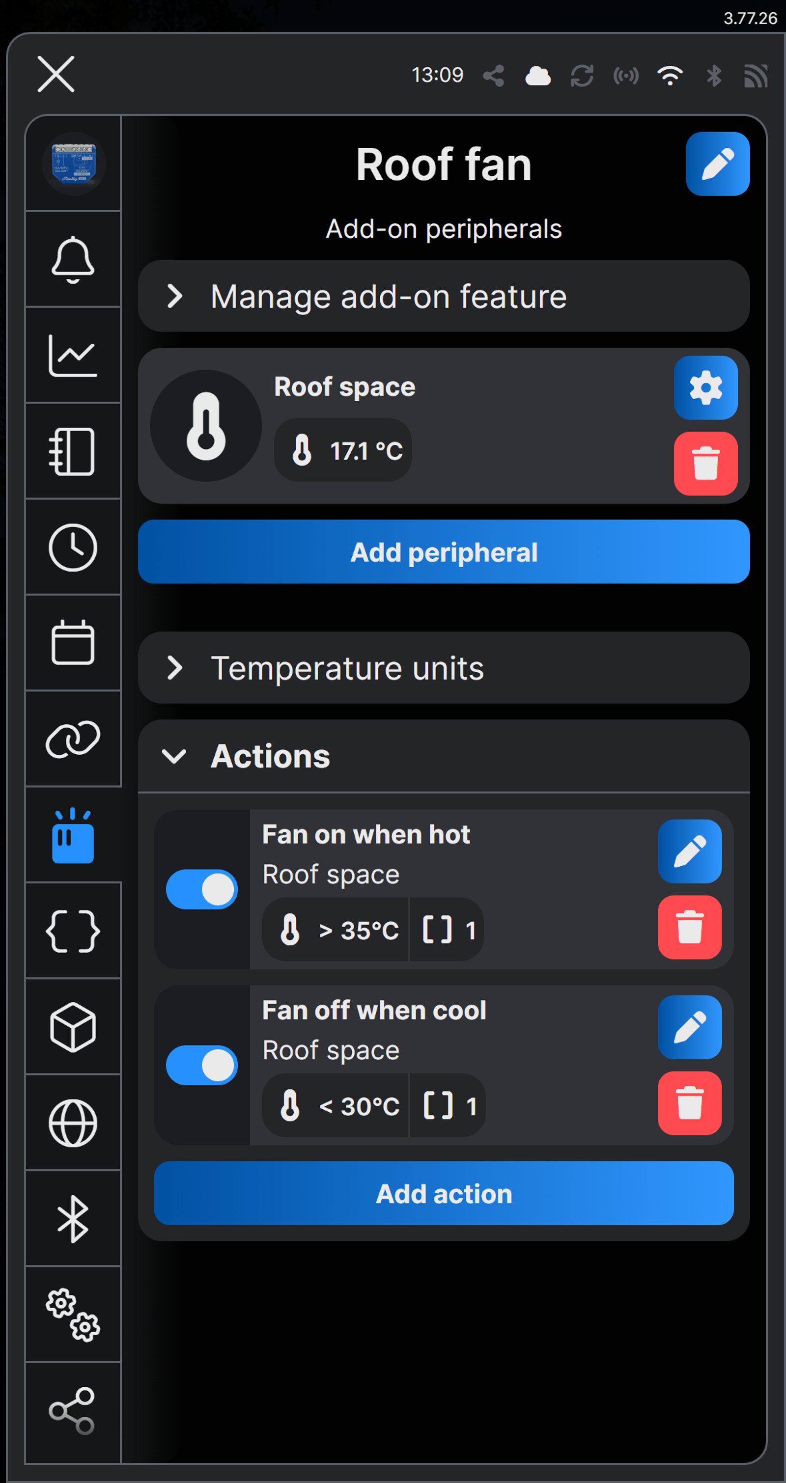 Shelly app Add-on peripherals for Roof fan, listing Fan on when hot, above 35 °C, and Fan off when cool, below 30 °C.