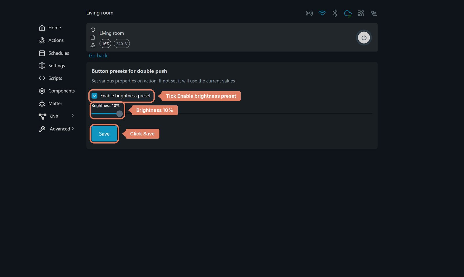 Shelly local web interface Button presets for double push, with the brightness preset ticked at 10% and Save marked.