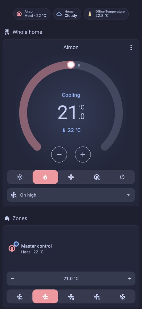 Home Assistant aircon lab dashboard running the Catppuccin theme (Macchiato), on a phone