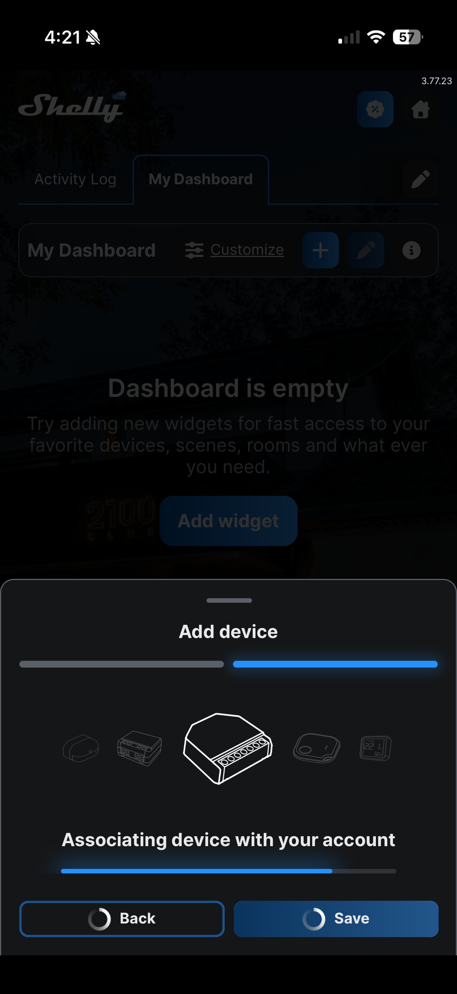Shelly Smart Control progress screen reading Associating device with your account, with a Save button