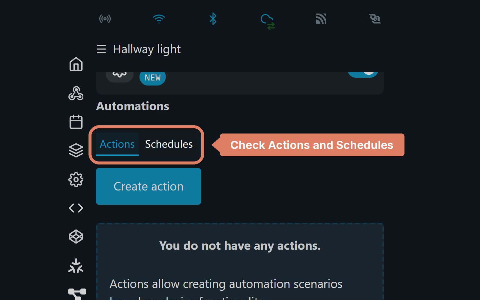 The Shelly web page's output settings, with the Actions and Schedules tabs marked