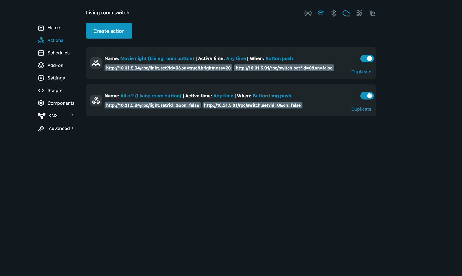 Shelly web interface Actions page listing Movie night on Button push and All off on Button long push.